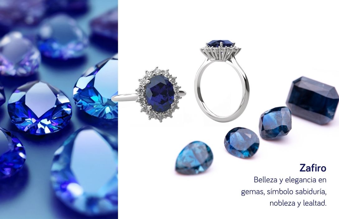 Collage visual de zafiros para la guía de piedras de nacimiento de Joyería Marga Mira. El panel izquierdo presenta un primer plano macro de zafiros facetados de un azul intenso. El panel derecho, sobre fondo blanco, exhibe dos vistas de un anillo de compromiso de zafiro ovalado con halo de diamantes en oro blanco 18k (vista frontal y lateral). Debajo, hay un grupo de zafiros sueltos en varias tallas (pera, redonda, esmeralda). En la esquina inferior derecha, el texto: "Zafiro. Belleza y elegancia en gemas, símbolo sabiduría, nobleza y lealtad.